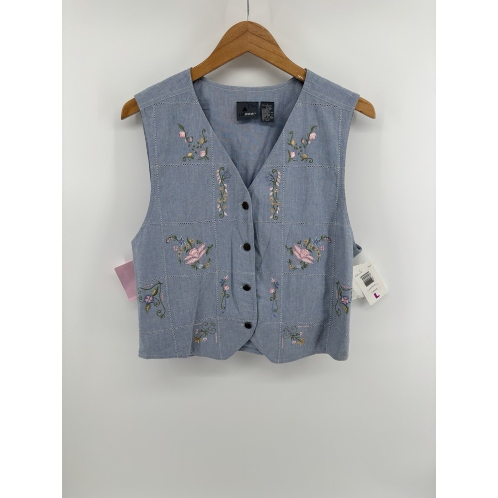NWT Vintage 90s Liz Wear Floral Embroidered Vest Sz L Chambray Cottagecore